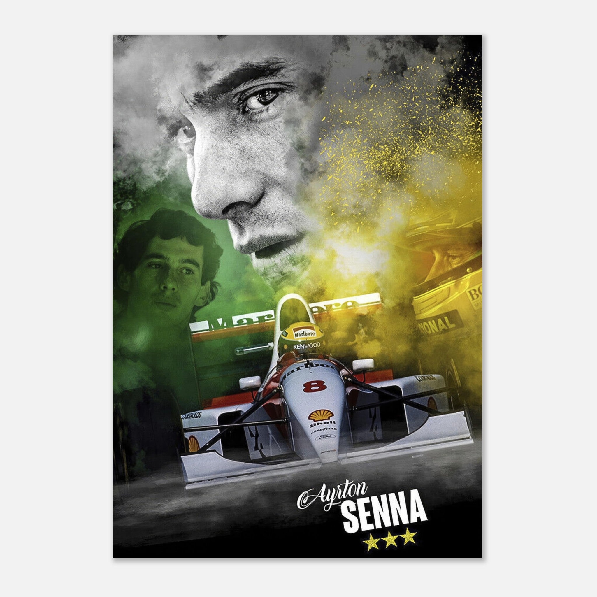 Ayrton Senna F1 poster featuring a vibrant design with his portrait and racing car, celebrating his legendary legacy.