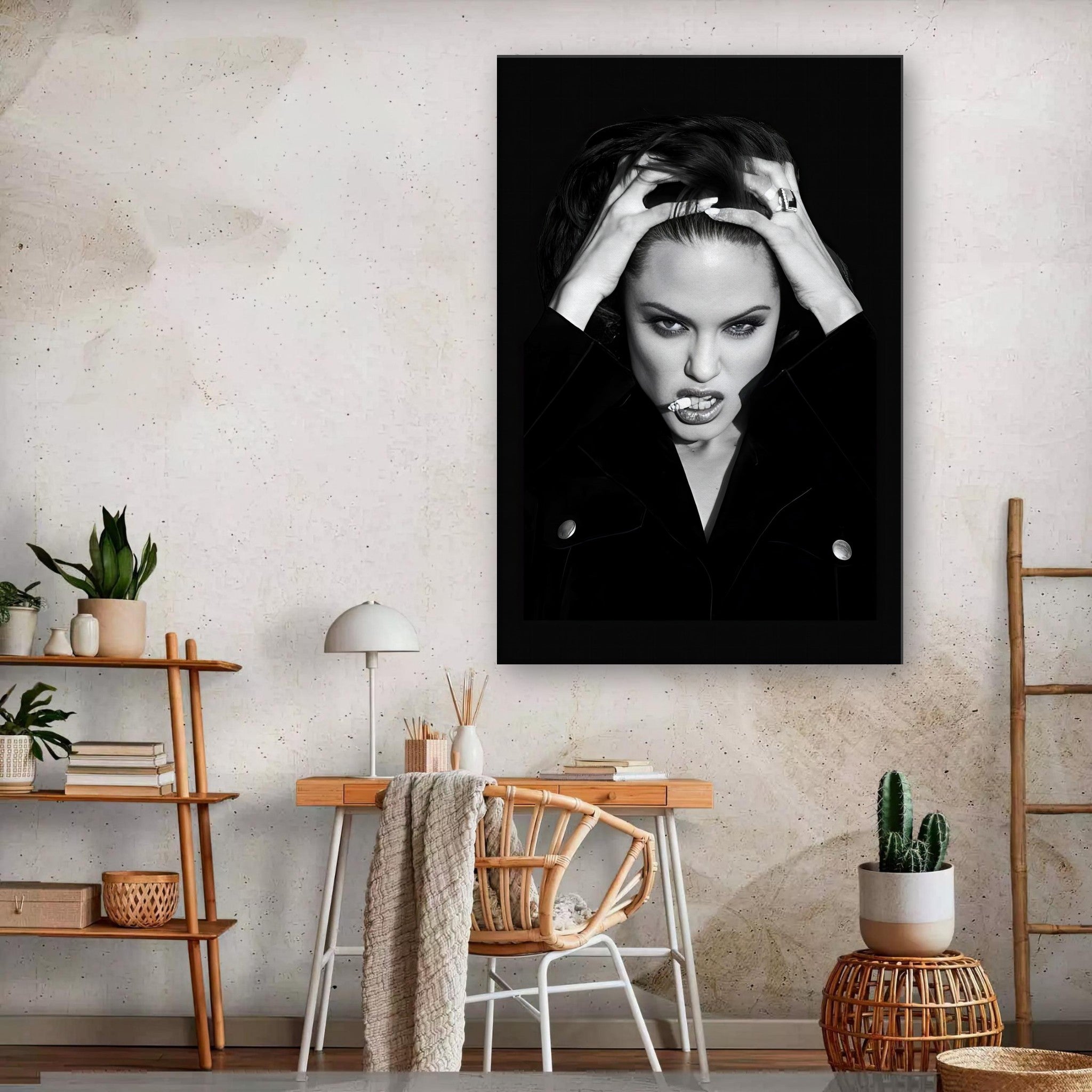 Black-and-white canvas of Angelina Jolie with an intense gaze, showcasing elegance and sophistication in modern decor.