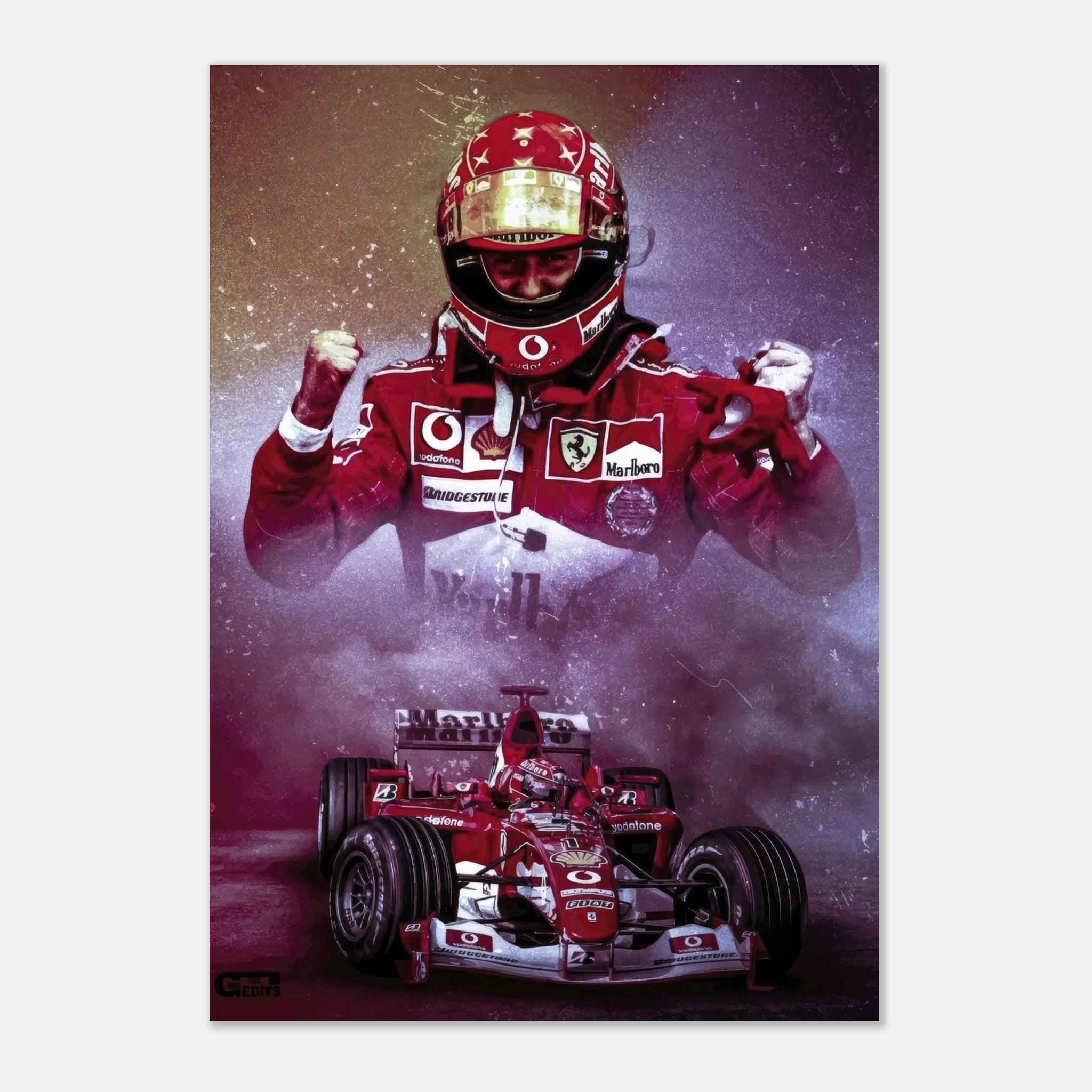 Michael Schumacher metal print featuring him in Ferrari suit, showcasing his passion and determination in motorsport.