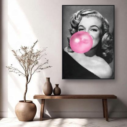 Marilyn Monroe Bubble Gum Framed Print in chic living room setting, showcasing glamour and quirky style.