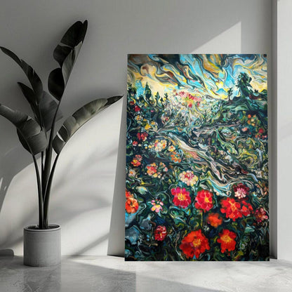 Vibrant abstract floral landscape painting on brushed metal, showcasing swirling colors and floral details in a contemporary style.