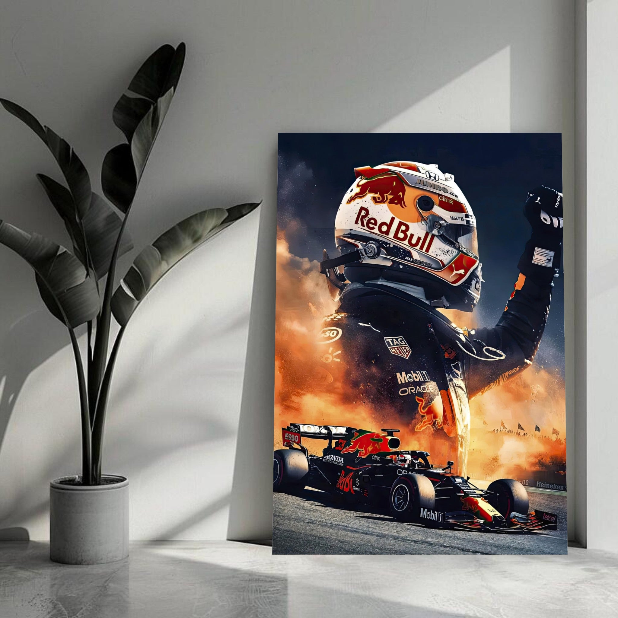 Max Verstappen Red Bull metal print showcasing vibrant Formula 1 artwork with a sleek design and modern appeal.