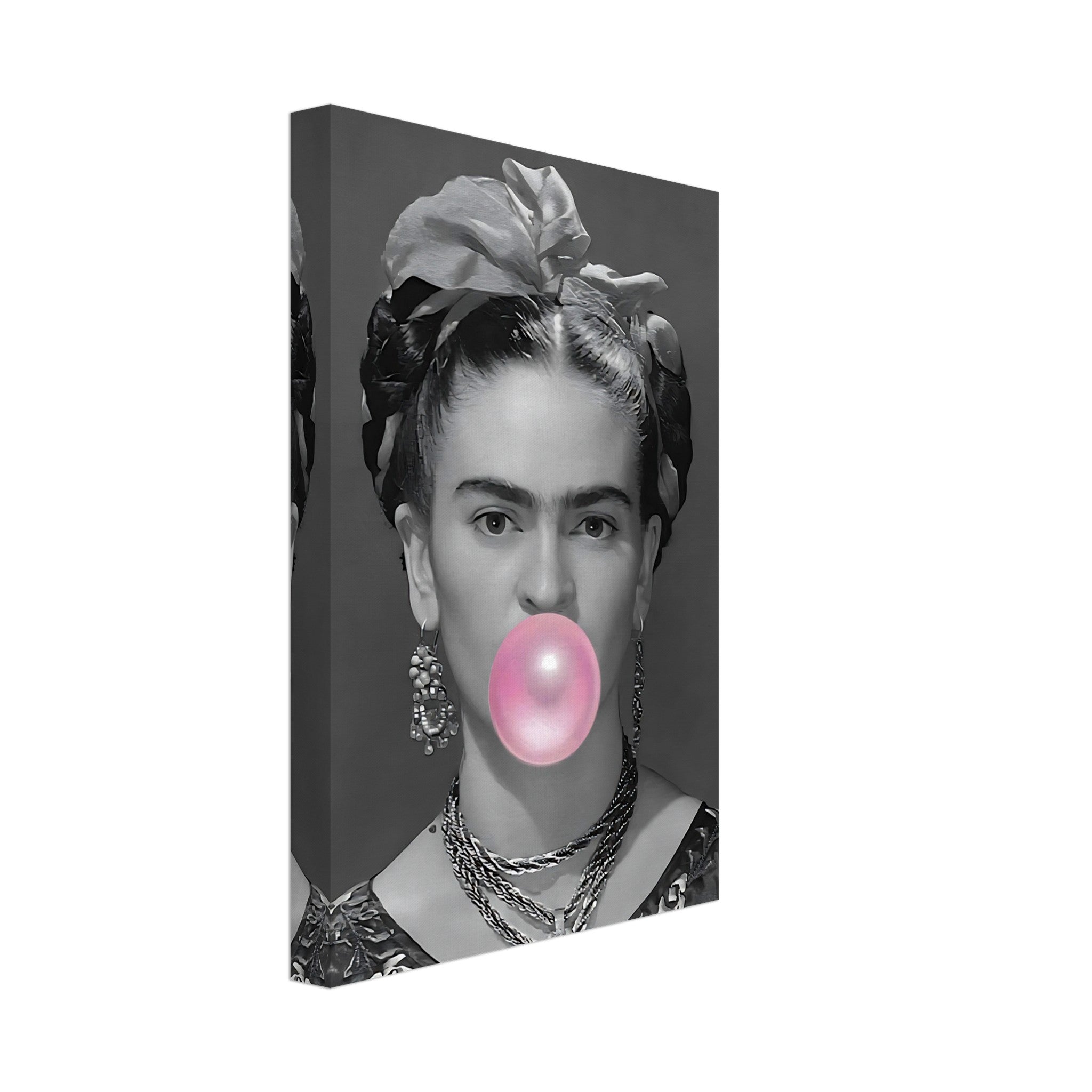 Frida Kahlo Bubble Gum Canvas featuring a grayscale portrait with vibrant pink bubble gum detail for modern art lovers.