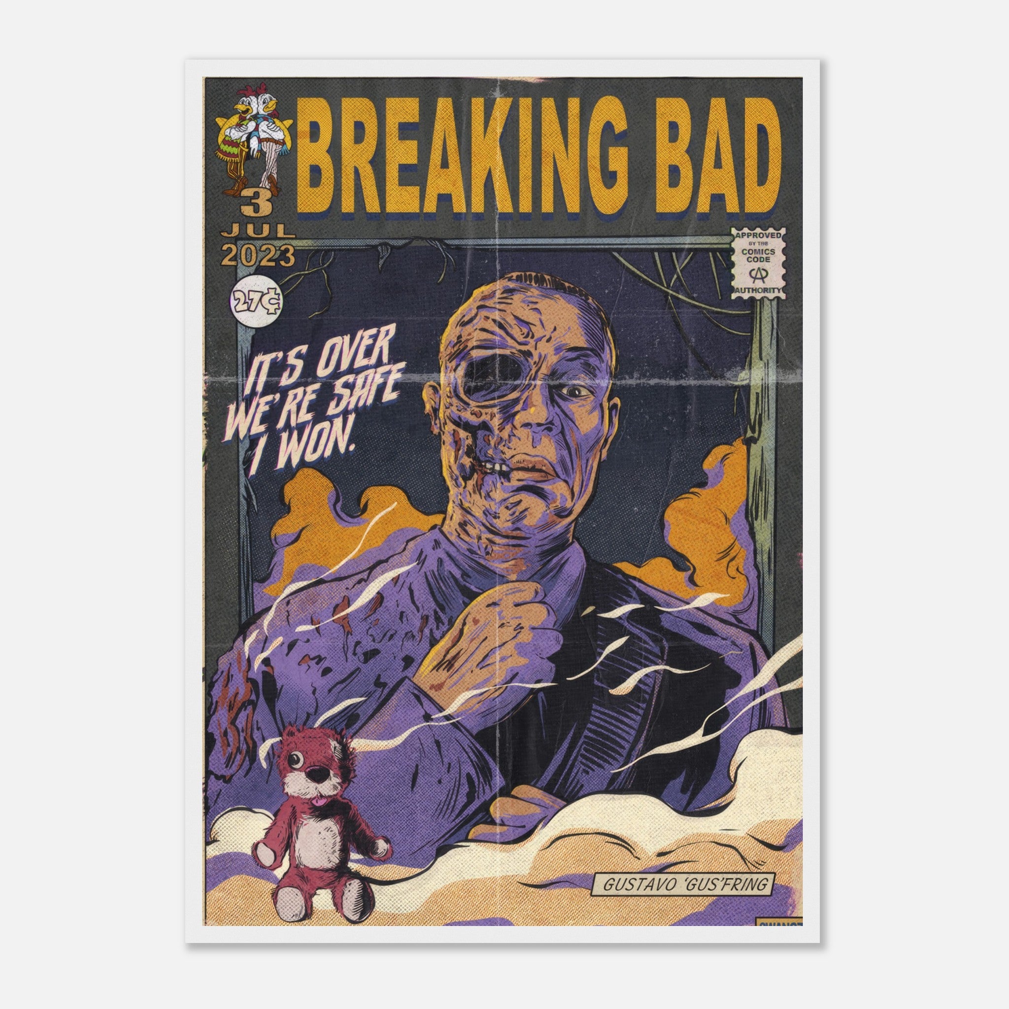 Vintage comic-style framed poster of Gustavo Fring from *Breaking Bad*, featuring gritty colors and nostalgic details.