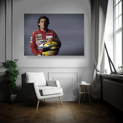 Ayrton Senna brushed metal print hanging in modern living room with stylish decor and natural lighting.