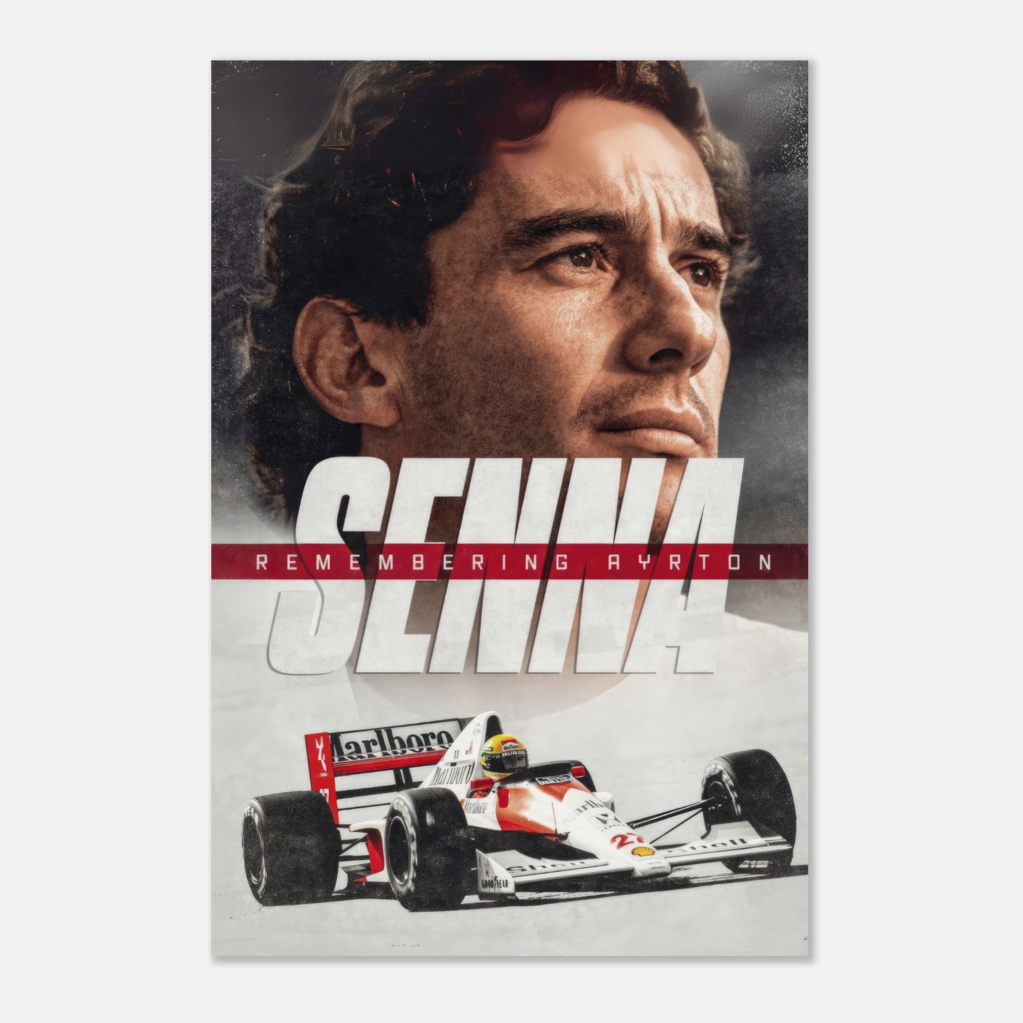 Ayrton Senna metal print, featuring iconic portrait and racing car, celebrating F1 legend's legacy and passion.