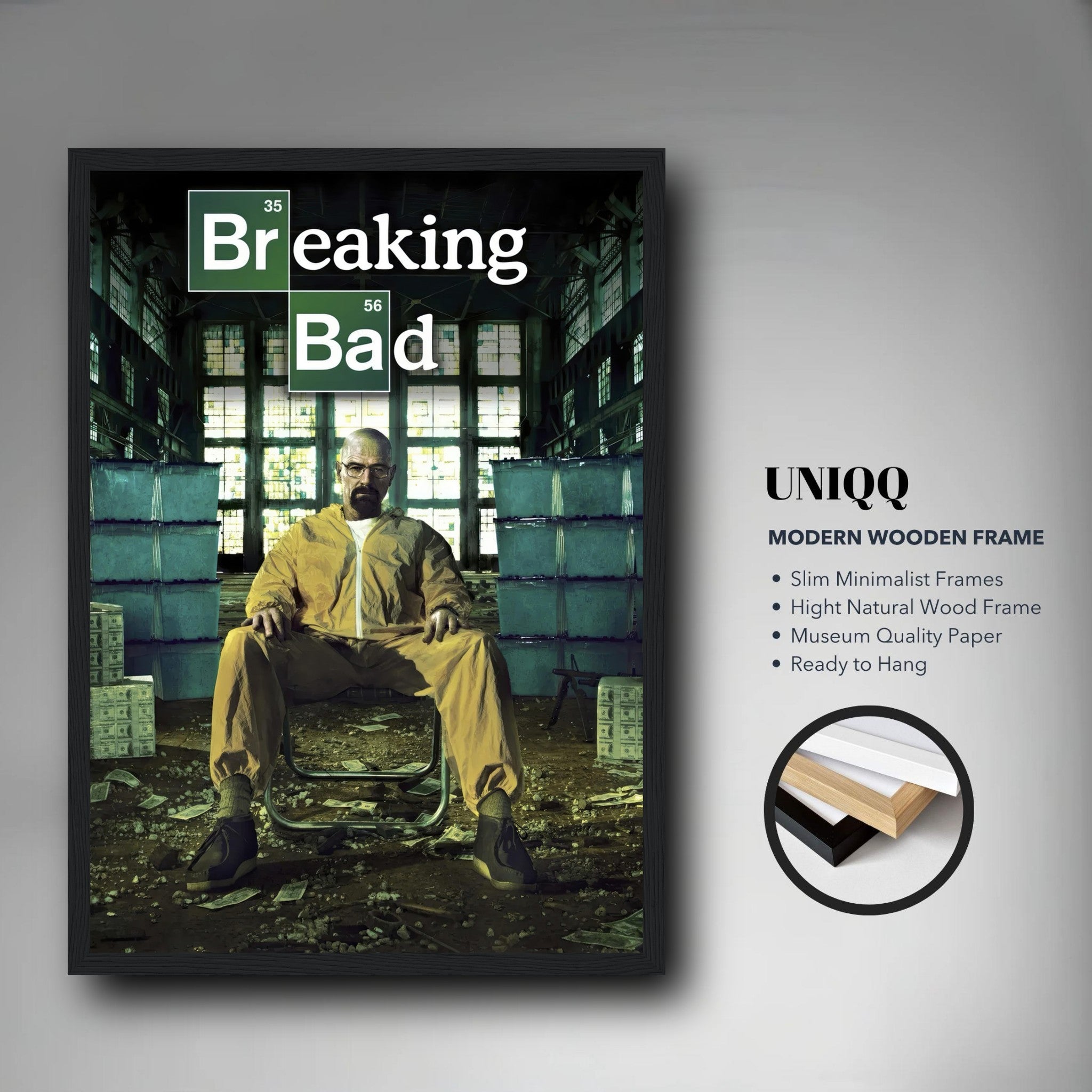 Walter White Breaking Bad framed poster in yellow hazmat suit, stylish minimalist frame, ready to hang decoration.