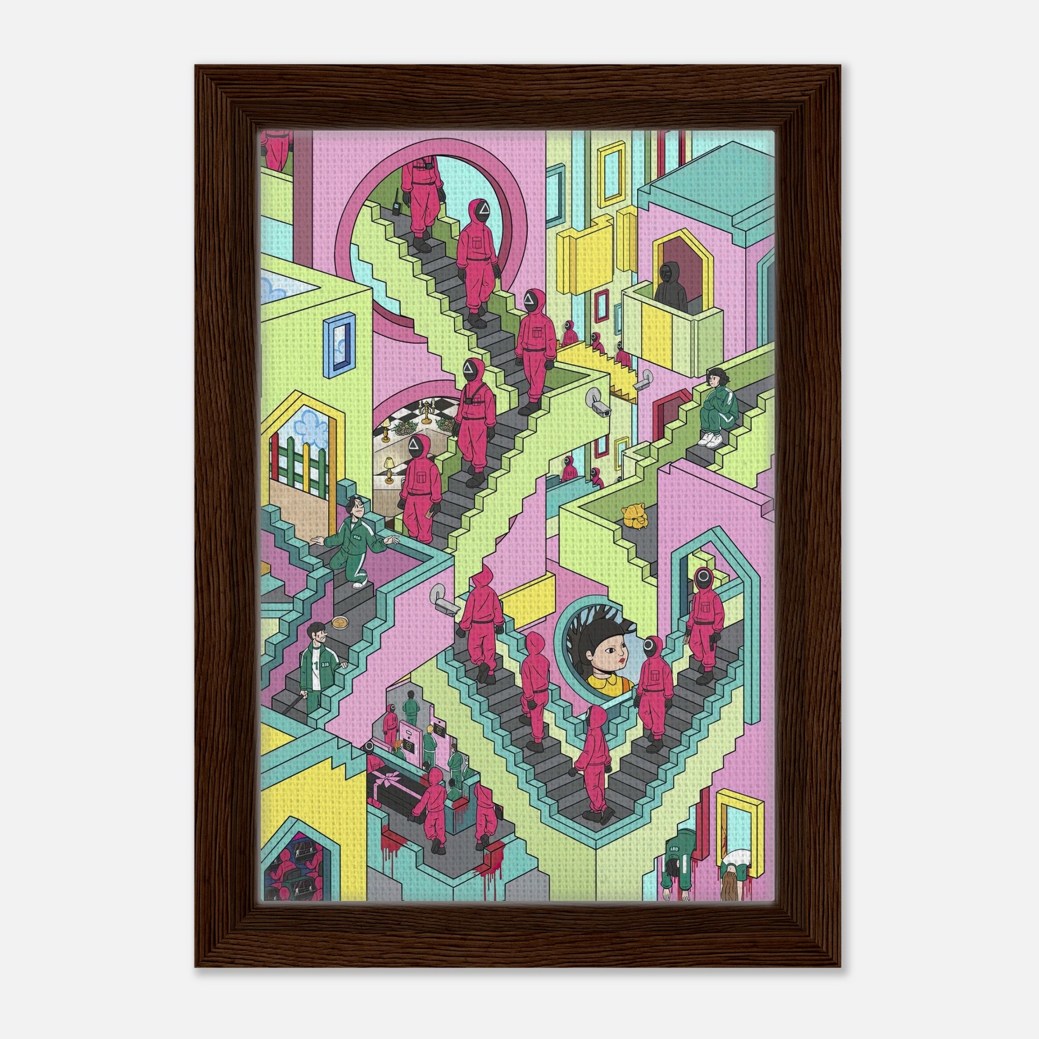 Squid Game Stairs Framed Canvas Print featuring colorful, Escher-inspired staircases and iconic masked figures.