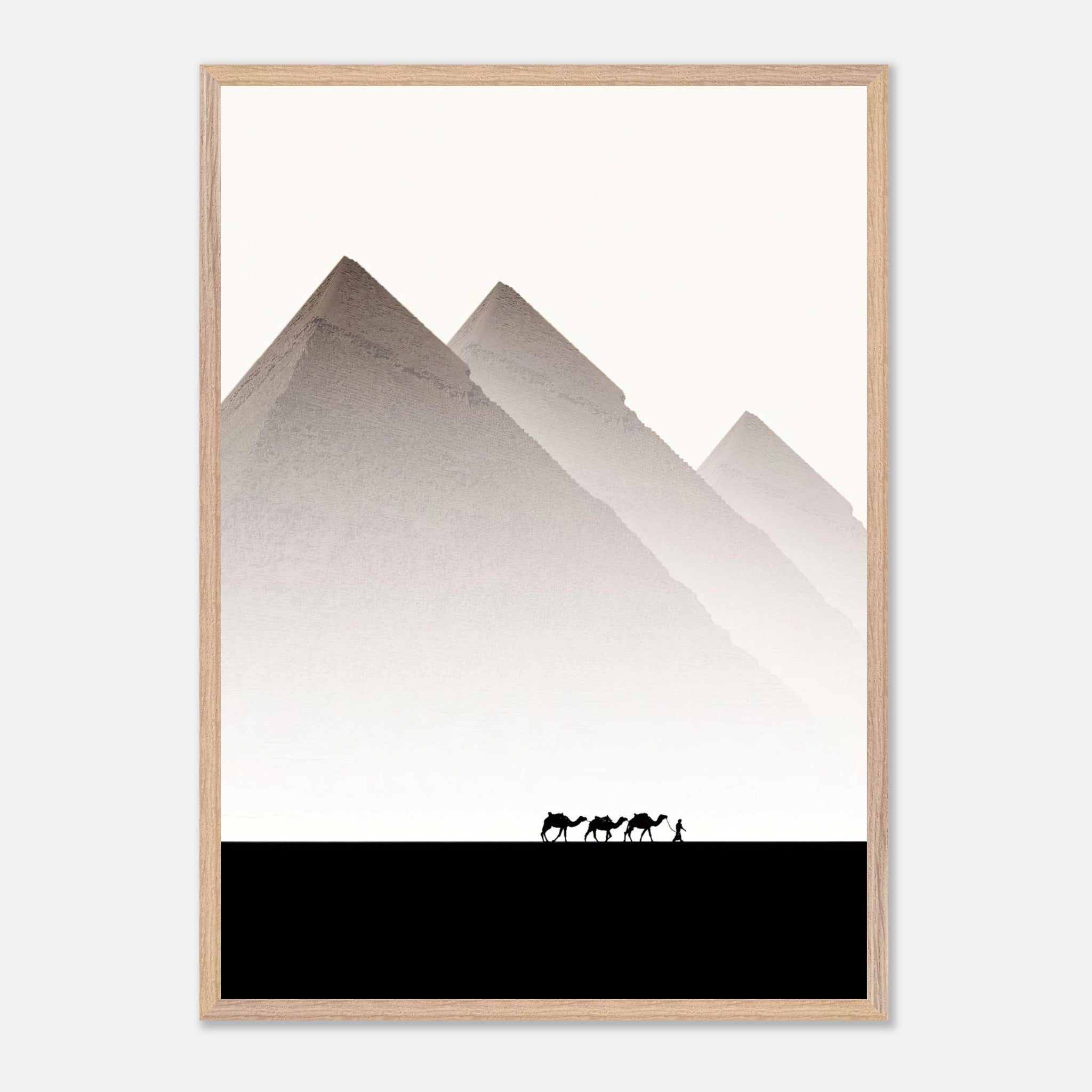 Pyramids of Giza framed giclée fine art print with camels and minimalist design in muted tones.