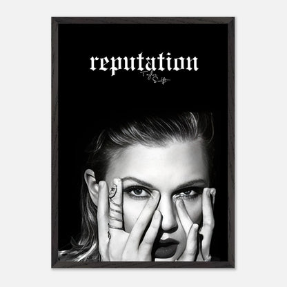 Taylor Swift Reputation vintage framed print featuring a striking monochrome portrait and bold logo.