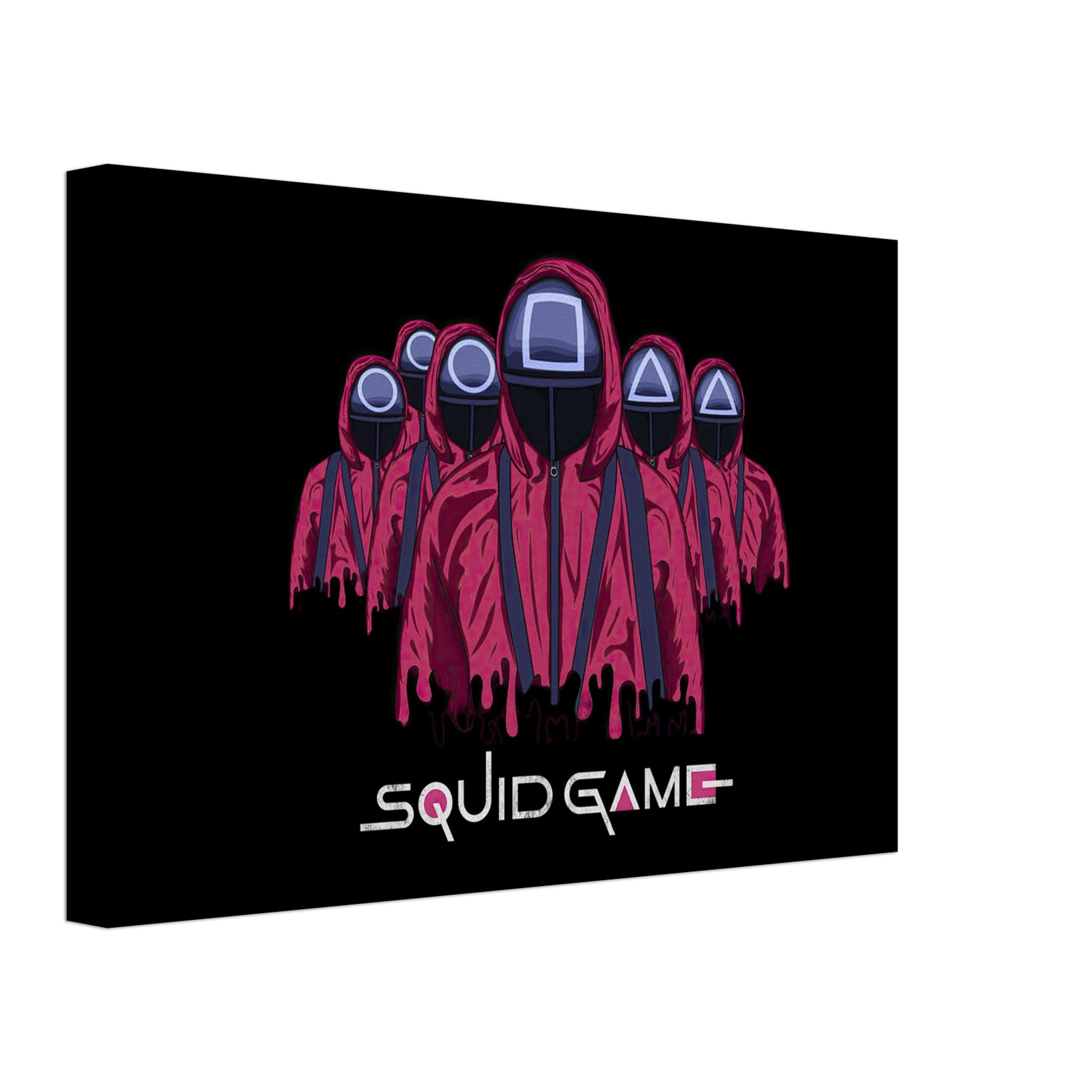 Squid Game Soldiers canvas featuring red-masked guards against a black background, perfect for fans of the series.