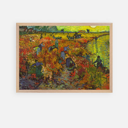 Vincent van Gogh's The Red Vineyard painting depicting autumn workers in vibrant fall colors.