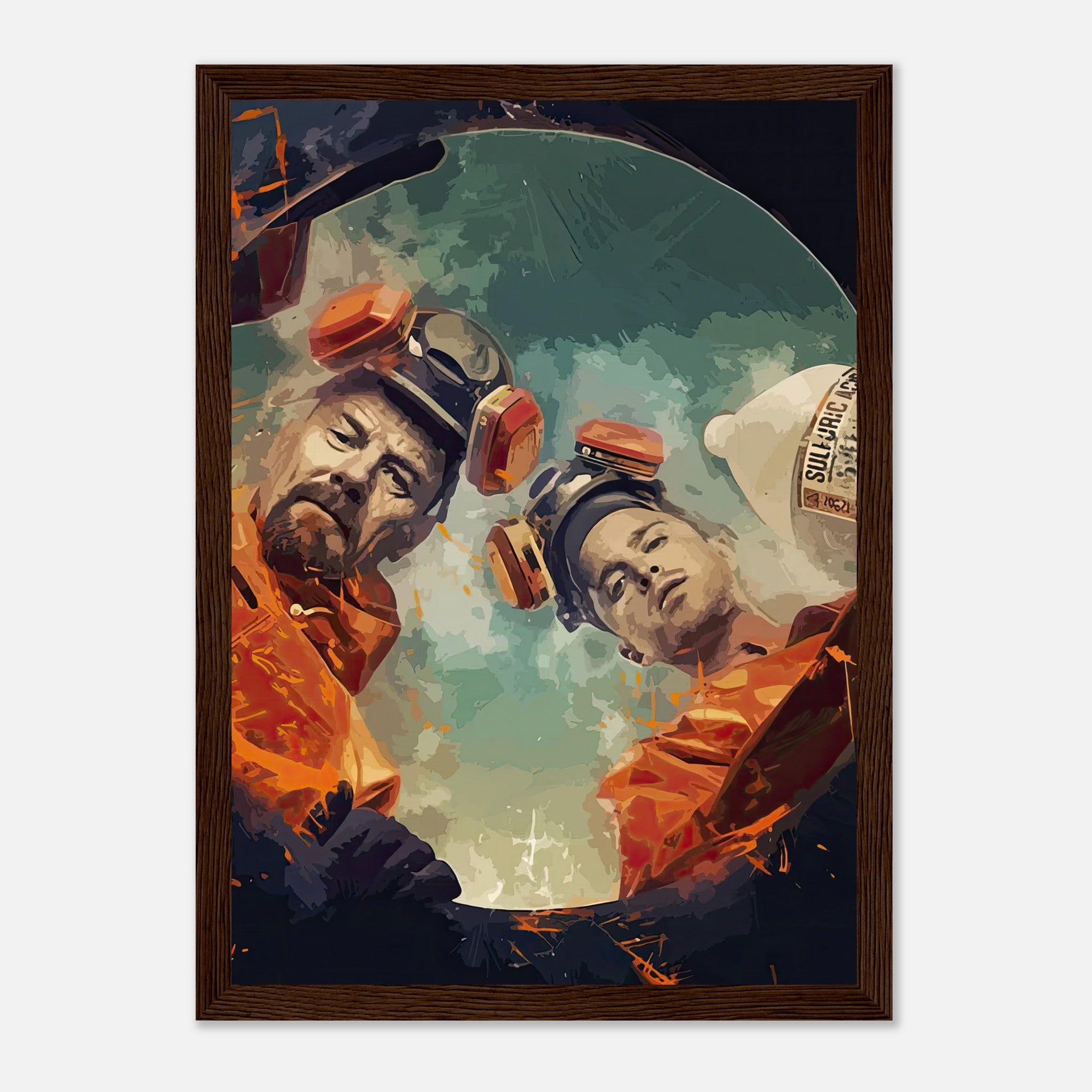 Framed print of Breaking Bad's Walter White and Jesse Pinkman in hazmat suits, showcasing their intense chemistry.