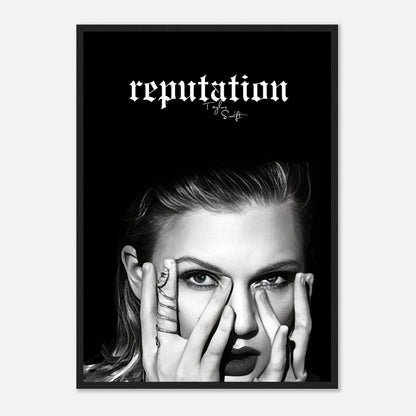 Taylor Swift Reputation framed print featuring striking black-and-white imagery and bold text. Perfect for fans and decor.