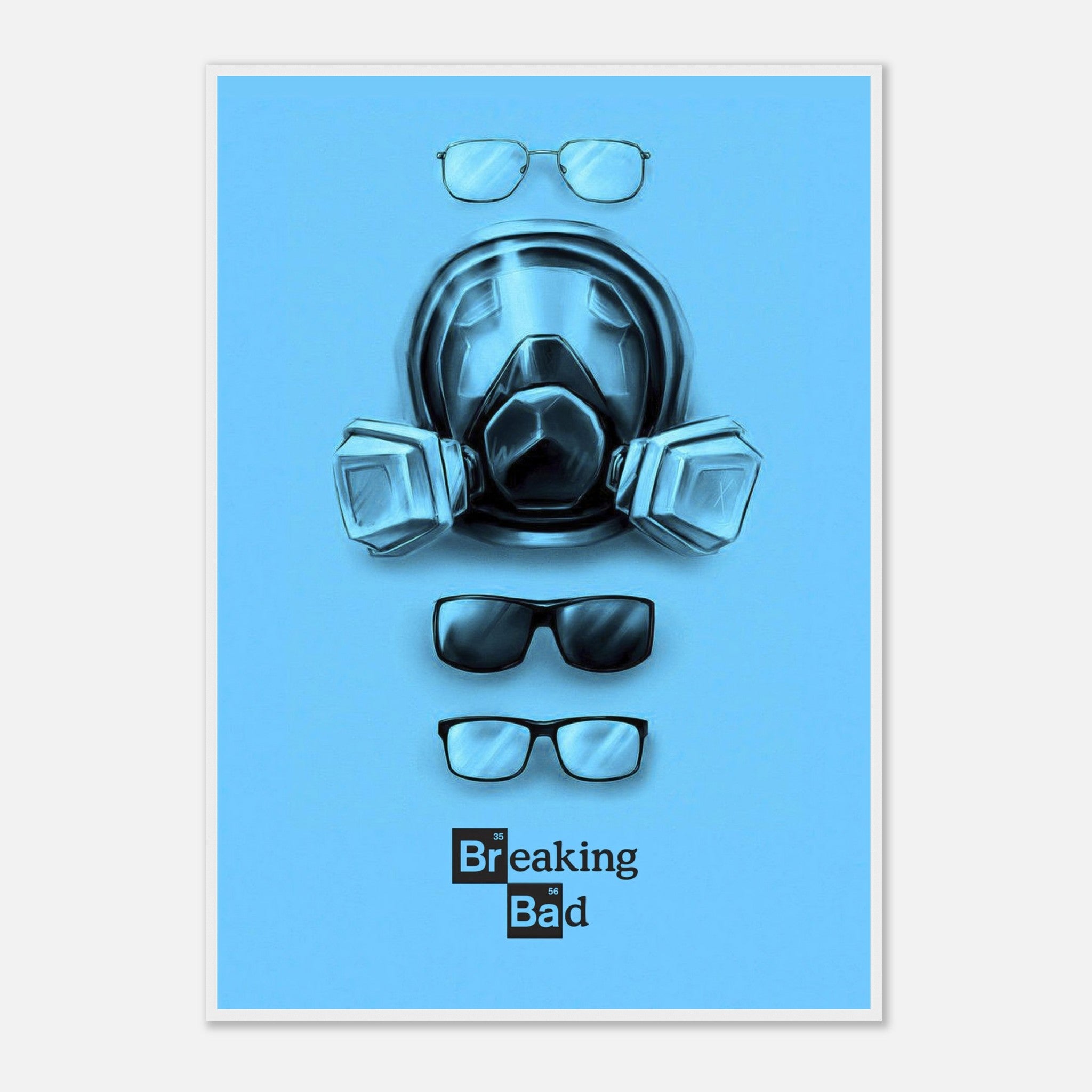 Minimalist Breaking Bad poster featuring Walter White's gas mask and glasses, set against a bold blue background.