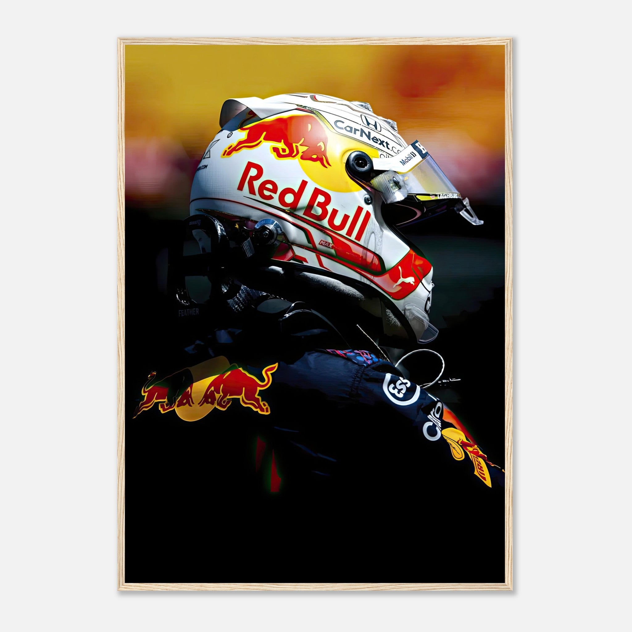 Max Verstappen framed print showcasing his Red Bull racing helmet in vibrant colors, perfect for any Formula 1 fan's decor.