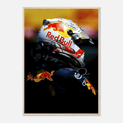 Max Verstappen framed print showcasing his Red Bull racing helmet in vibrant colors, perfect for any Formula 1 fan's decor.