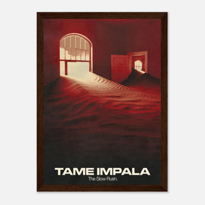 Framed print of Tame Impala's album The Slow Rush featuring surreal imagery and warm colors. Perfect for home decor.