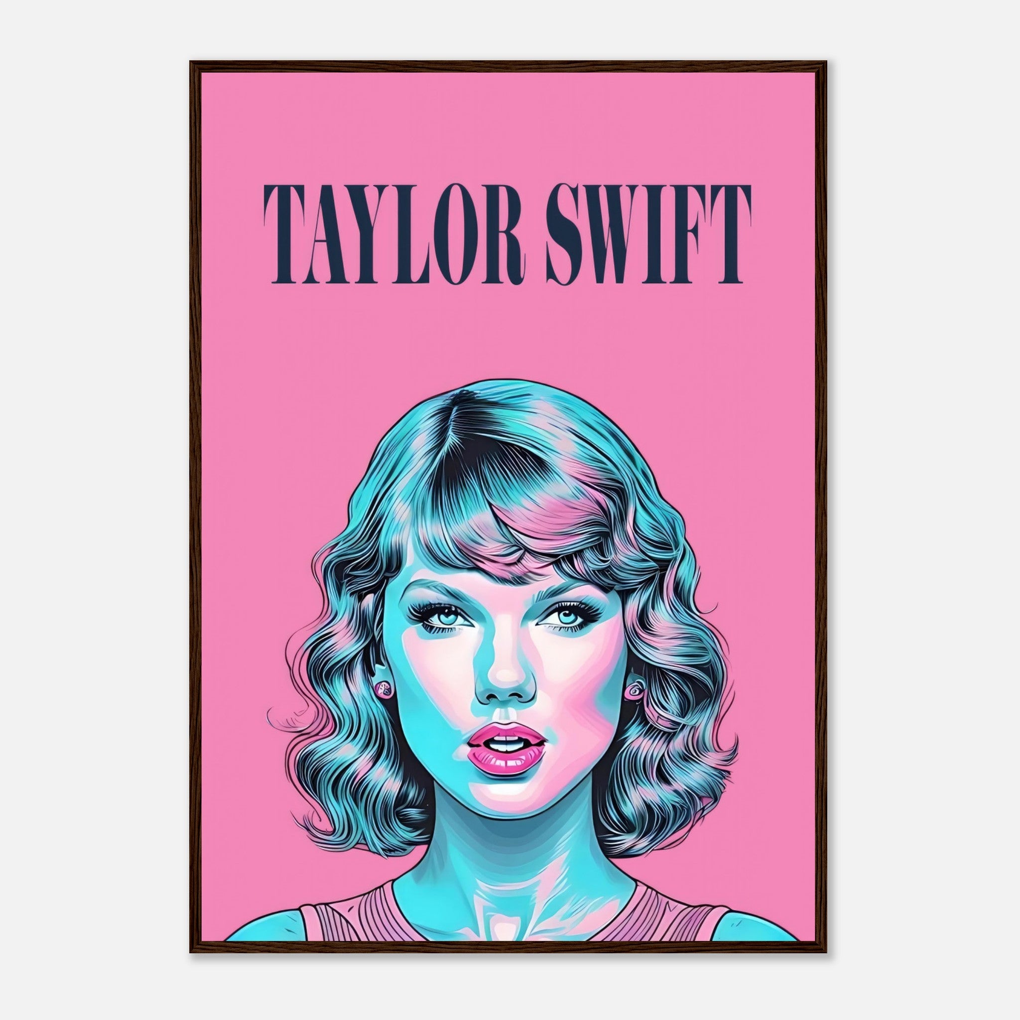 Taylor Swift pop art framed poster with vibrant pink background and turquoise highlights, perfect for fans and art lovers.