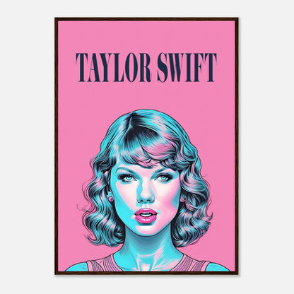 Taylor Swift pop art framed poster with vibrant pink background and turquoise highlights, perfect for fans and art lovers.