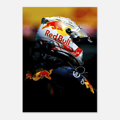 Max Verstappen Red Bull Racing poster featuring a close-up of his helmet, showcasing vibrant colors and dynamic design.