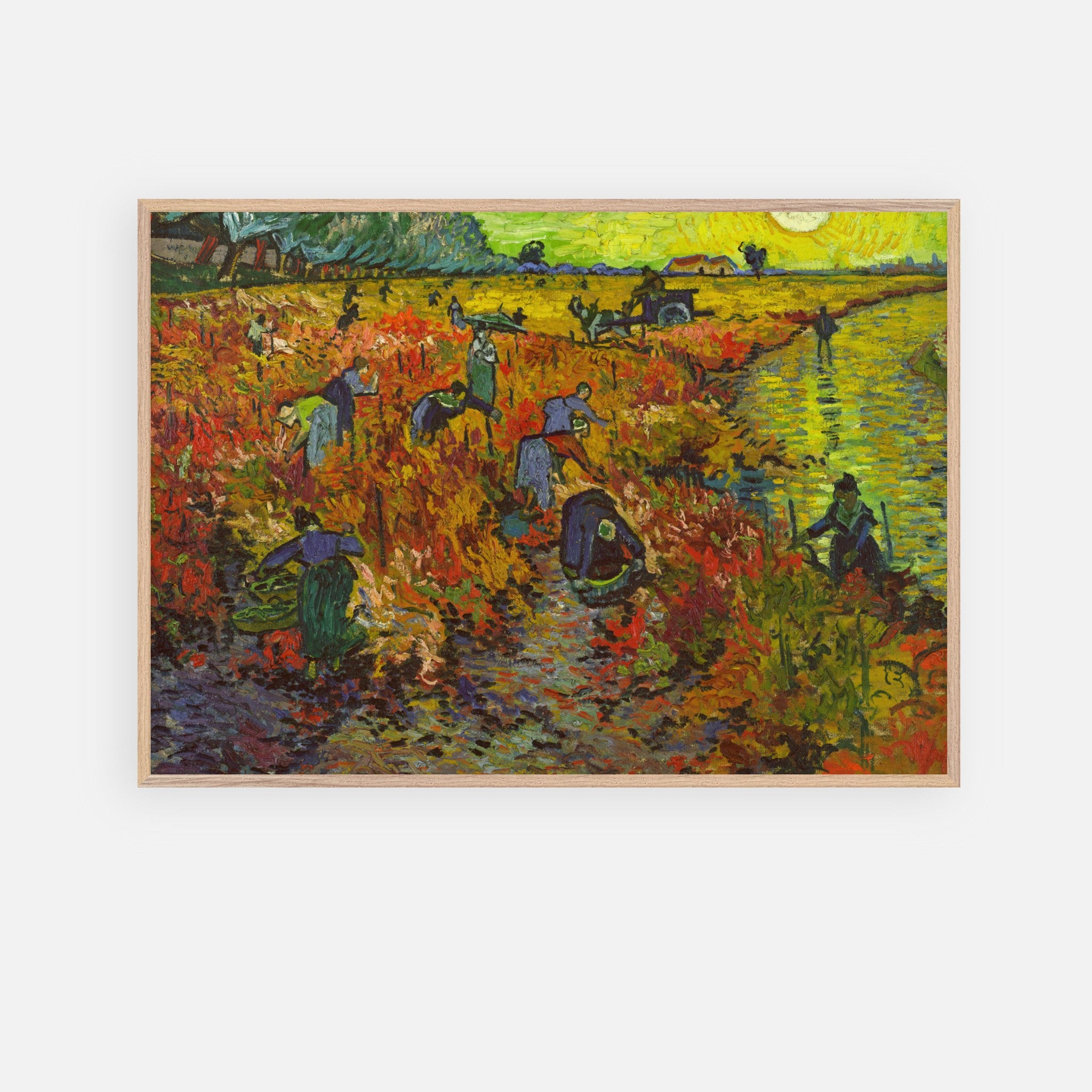 Vincent van Gogh's The Red Vineyard painting depicting vibrant autumn harvest with workers and colorful foliage.