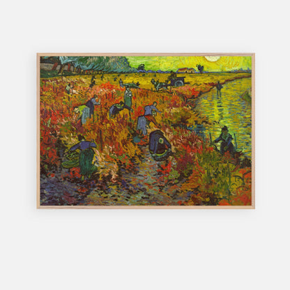 Vincent van Gogh's The Red Vineyard painting depicting vibrant autumn harvest with workers and colorful foliage.