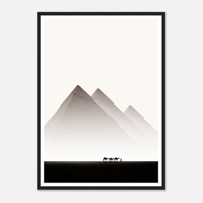 Pyramids of Giza framed print featuring camels against a minimalist desert backdrop, showcasing Egypt travel photography.