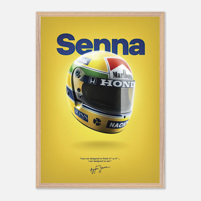 Ayrton Senna vintage framed art featuring iconic helmet design on bold yellow background with signature quote.