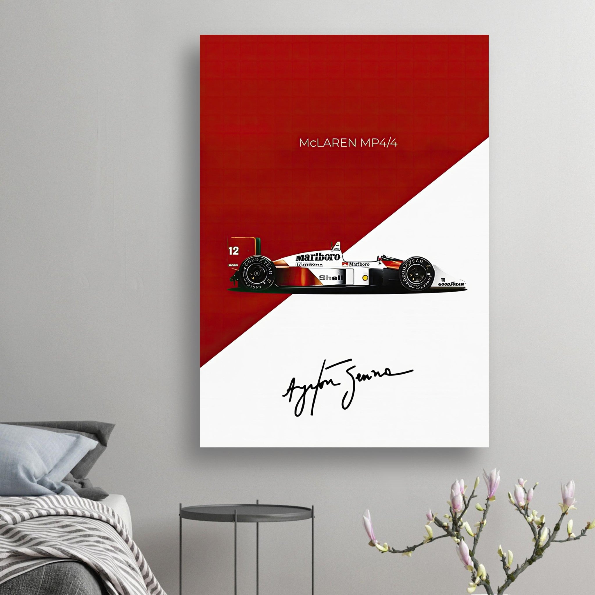 Ayrton Senna McLaren MP4/4 poster showcasing the iconic F1 car on a vibrant red and white background.