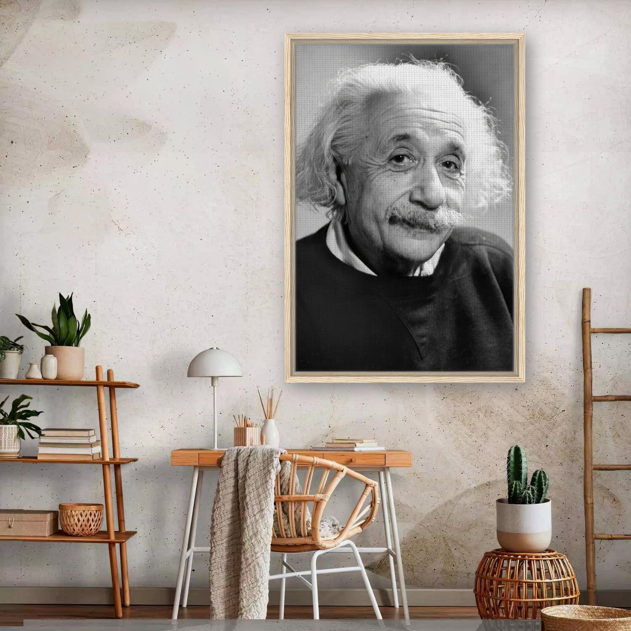 Albert Einstein 1946 Framed Canvas Print in a modern home interior setting.