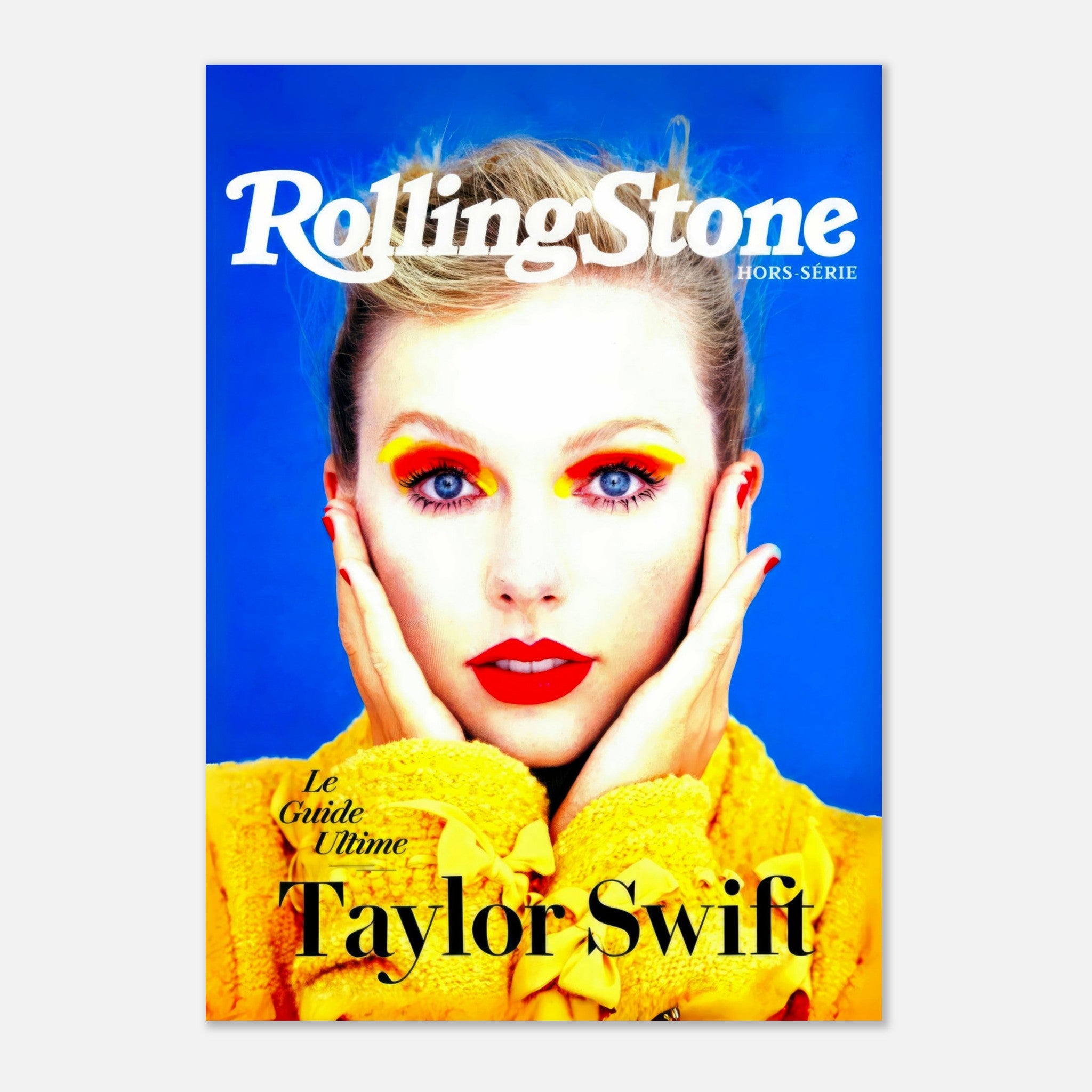 Taylor Swift Rolling Stone magazine cover poster with vibrant blue background and bold yellow accents.