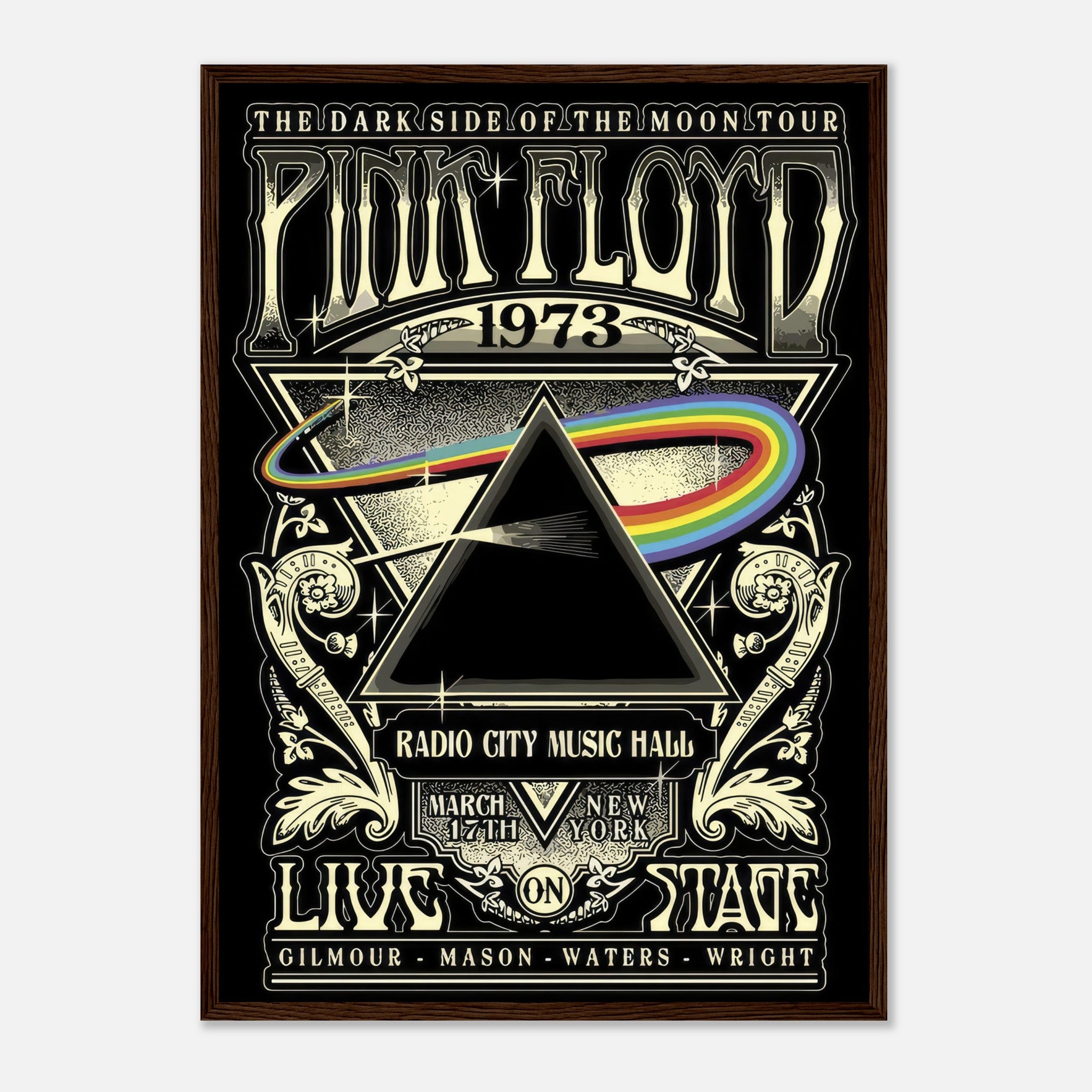 Framed print of Pink Floyd's 1973 "The Dark Side of the Moon" tour poster featuring iconic prism artwork.