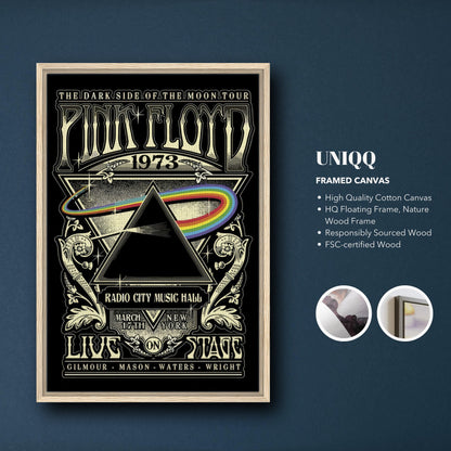 Pink Floyd - The Dark Side of the Moon framed canvas print featuring iconic 1973 concert artwork and vivid prism design.