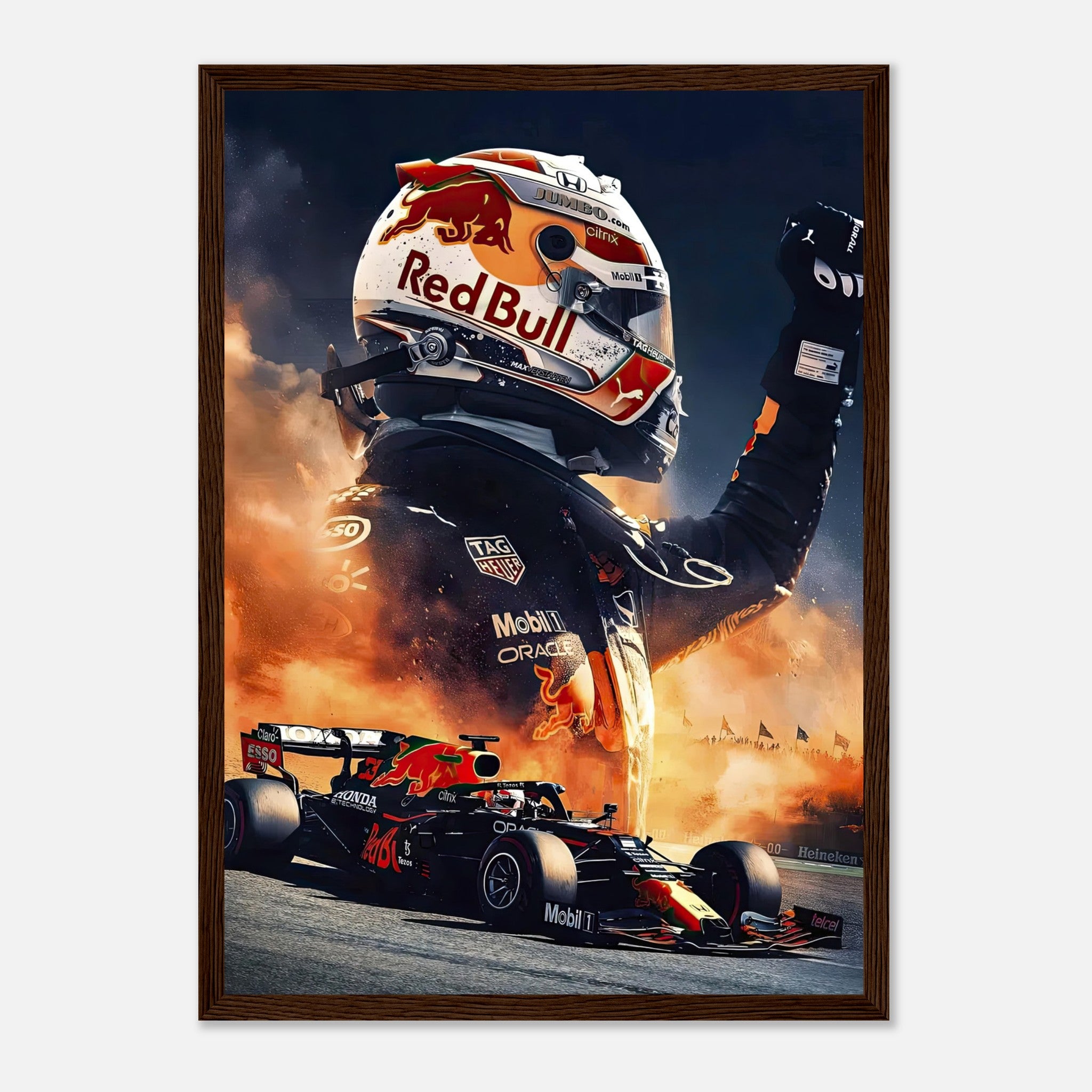 Max Verstappen Red Bull framed print showcasing speed and determination in vibrant colors, perfect for Formula 1 fans.