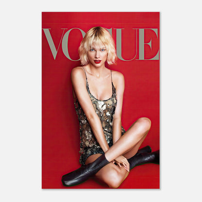 Taylor Swift Vogue metal print featuring her iconic look on a bold red backdrop, adding elegance to any space.