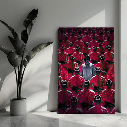 Squid Game Guards canvas print featuring eerie guards in red uniforms and masks in a modern interior setting.