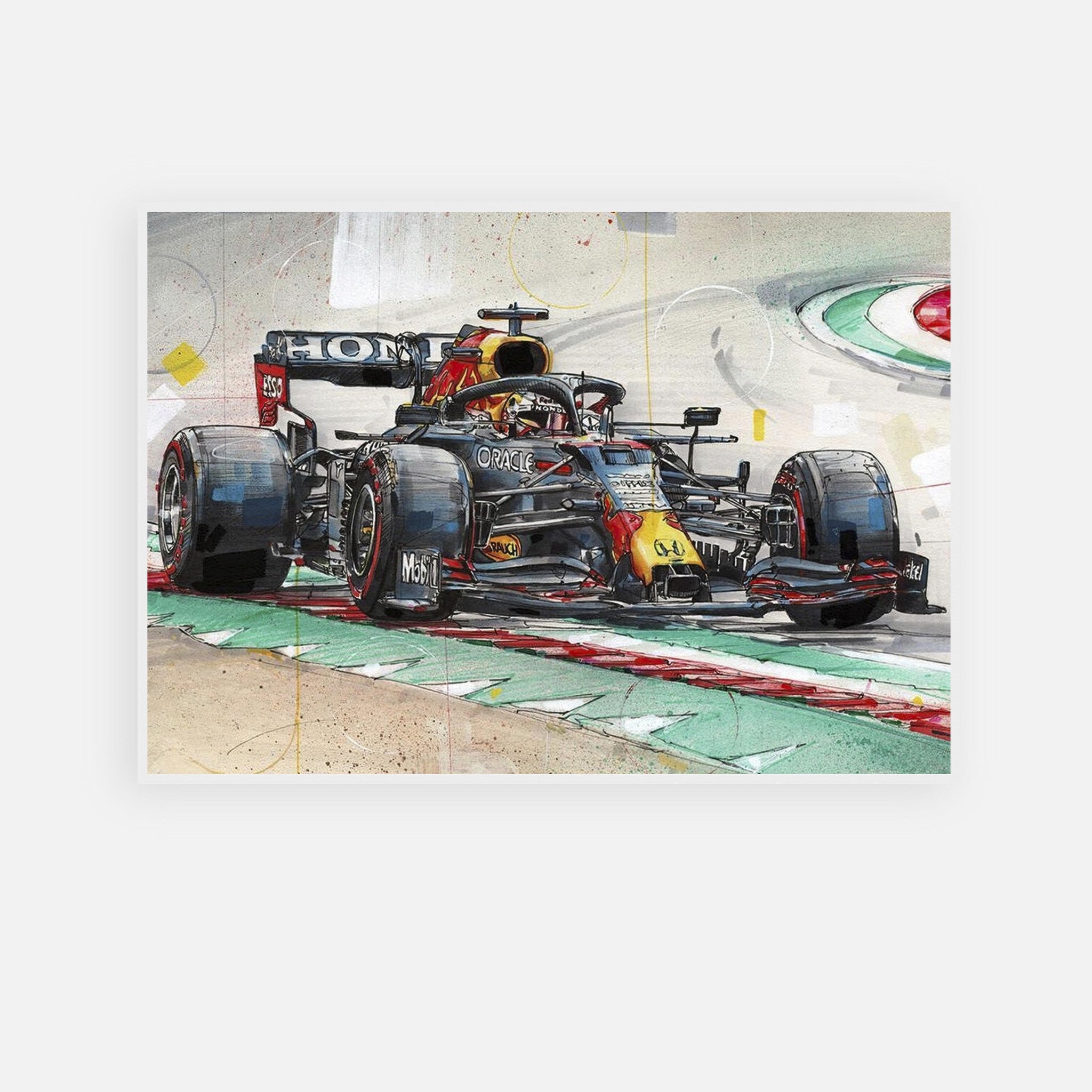 Max Verstappen Formula 1 car painting, vibrant illustration showcasing Red Bull Racing's champion in action.