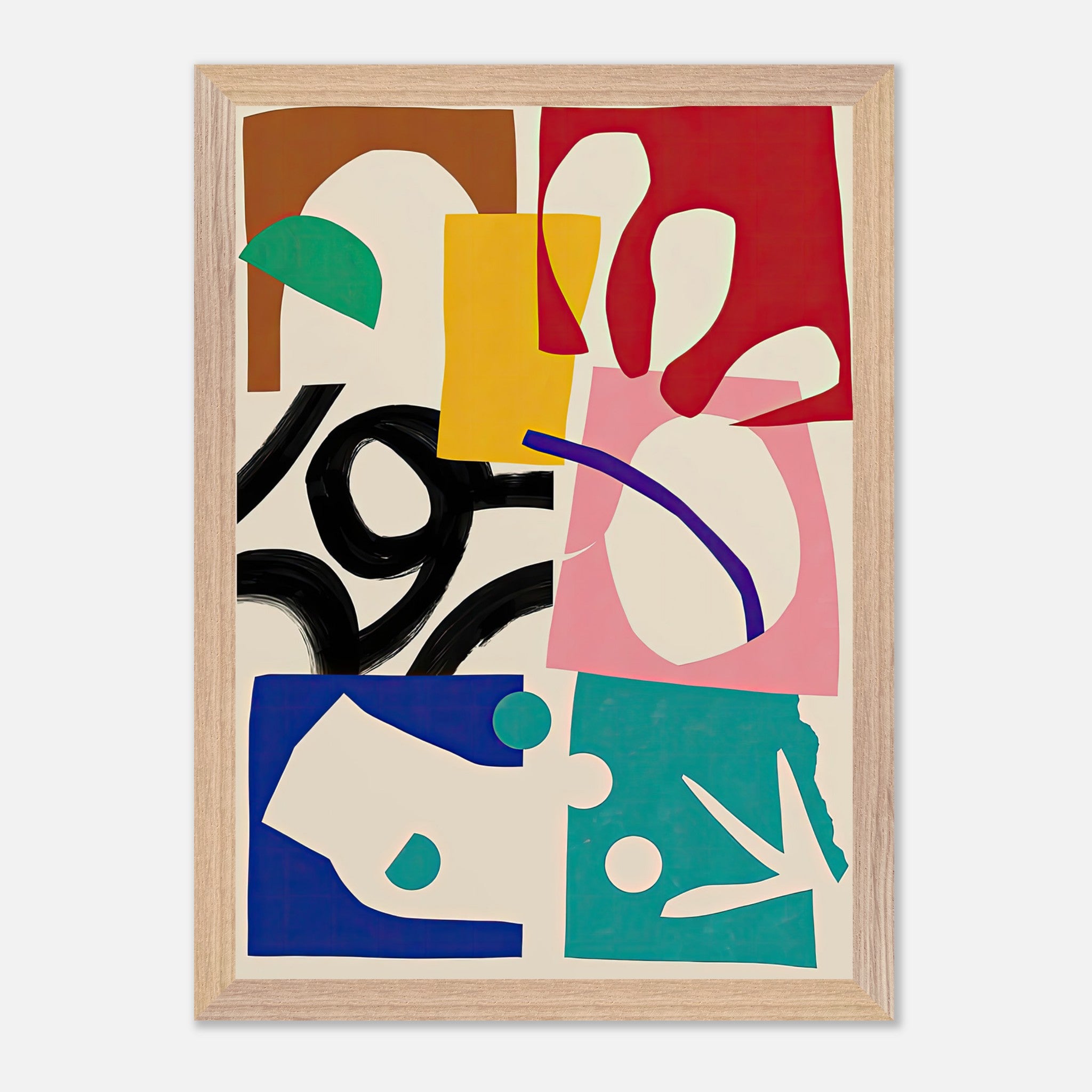 Colorful abstract framed print featuring bold shapes and vibrant colors, inspired by mid-century modern art.