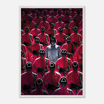 Squid Game Guards fine art print featuring the Front Man surrounded by masked guards in pink uniforms.