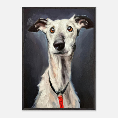 Framed vintage painting of a greyhound dog with a noble expression and rich colors, ideal for home decor.