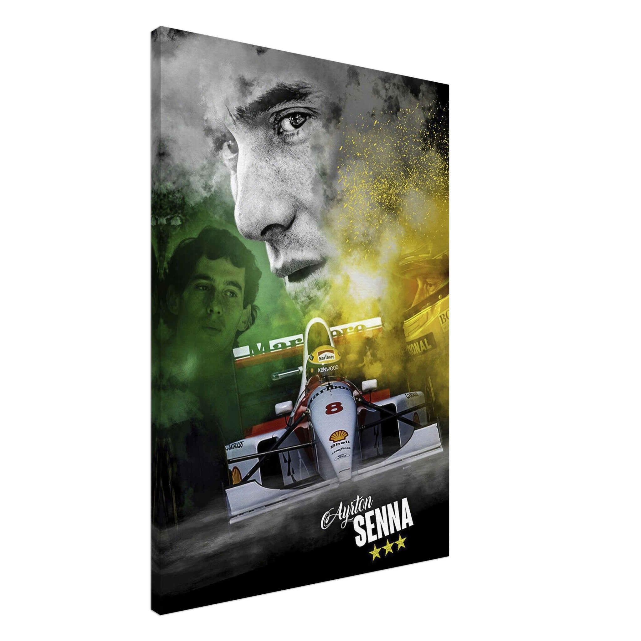 Ayrton Senna F1 McLaren canvas print featuring Senna's iconic face and race car in dynamic composition.