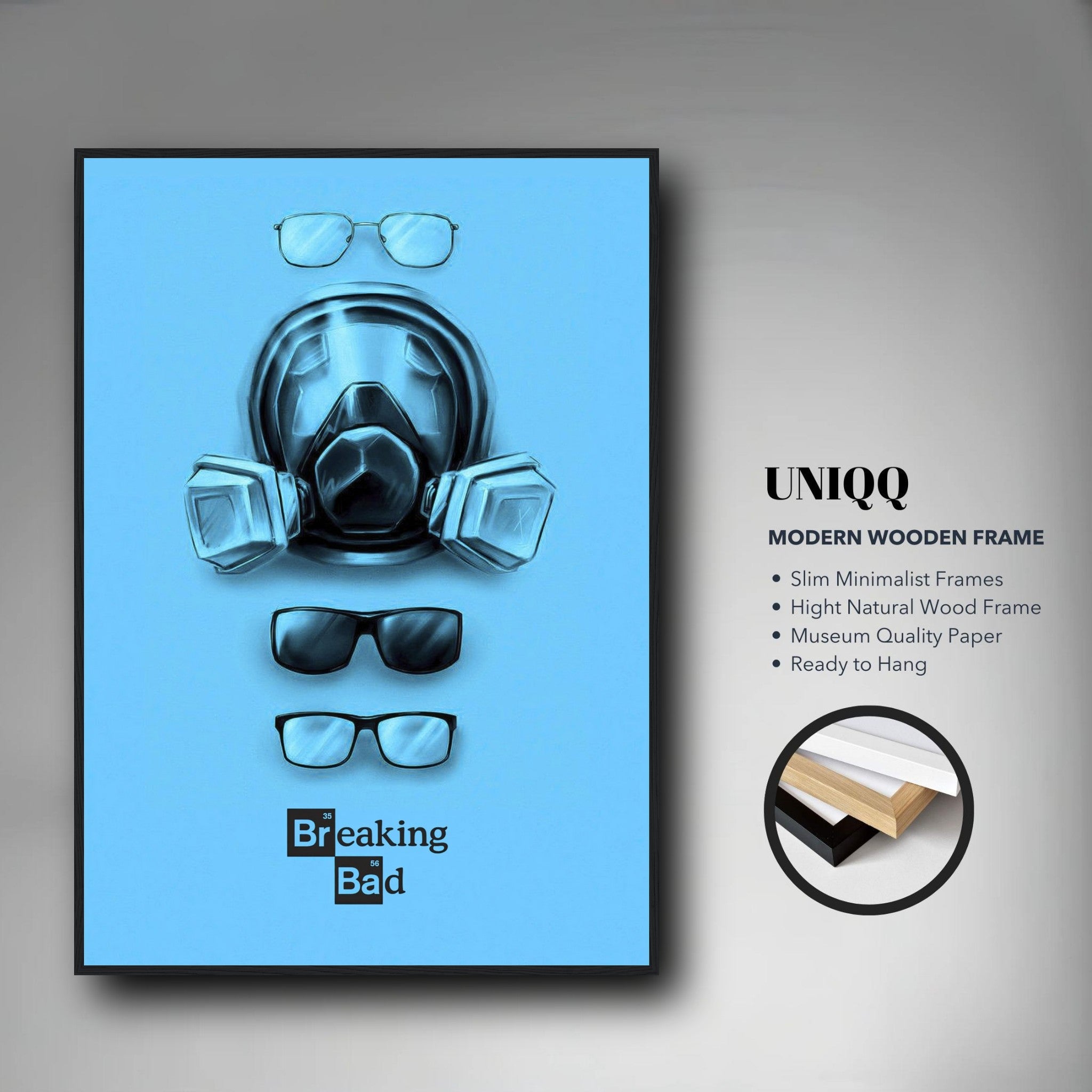 Minimalist Breaking Bad poster featuring Walter White's gas mask and glasses in a sleek frame, against a bold blue background.