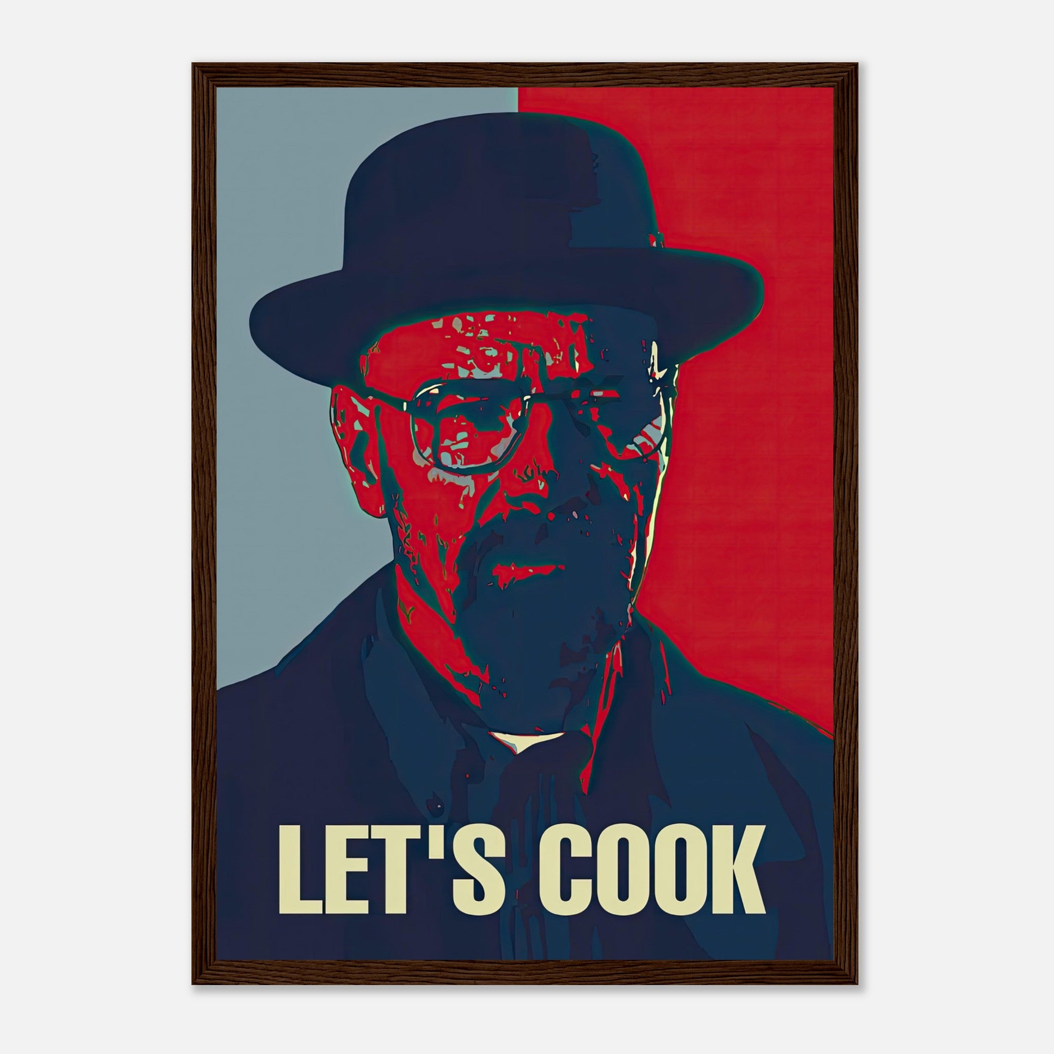 Heisenberg Let's Cook framed print featuring bold pop art design in red and blue for a striking home decor piece.