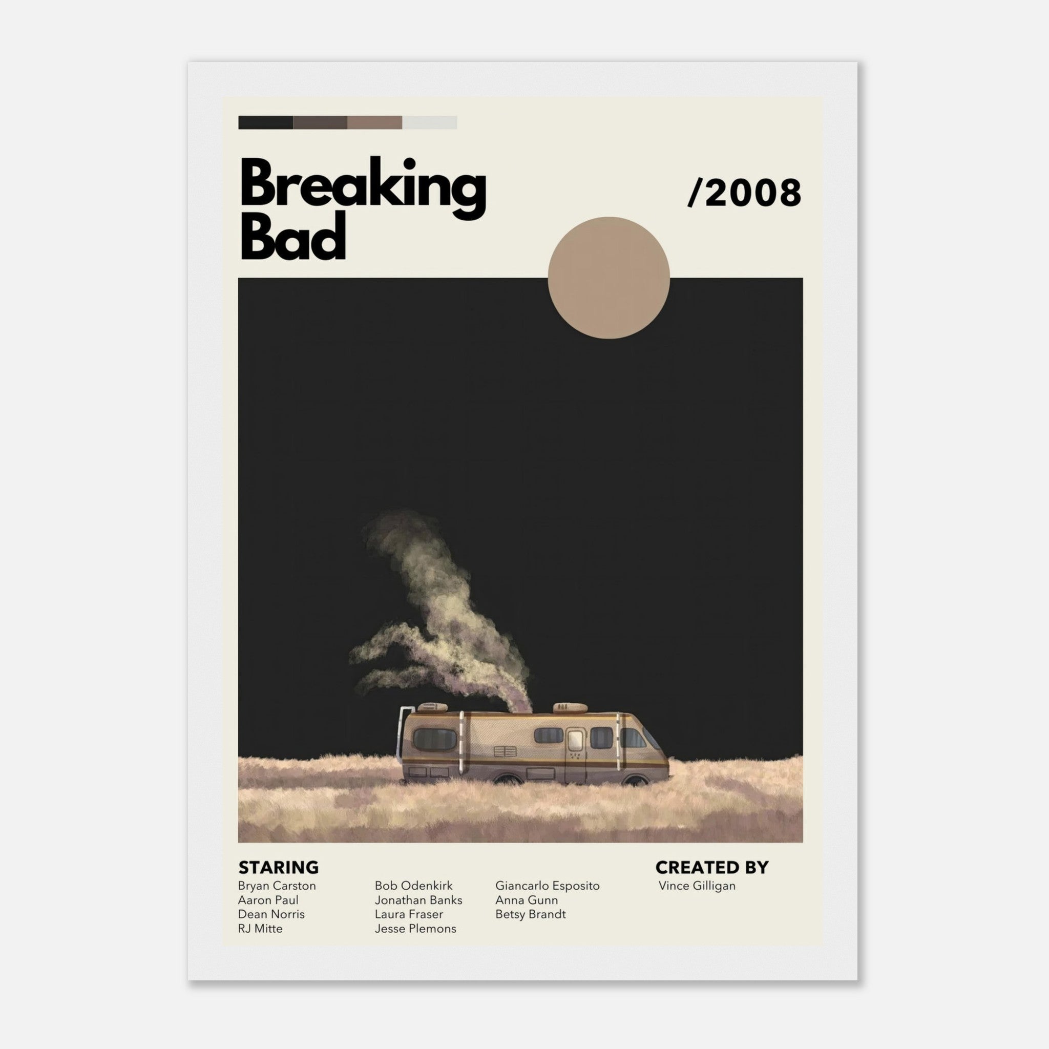 Vintage RV framed print inspired by Breaking Bad, showcasing iconic RV in a minimalist design and earthy tones.