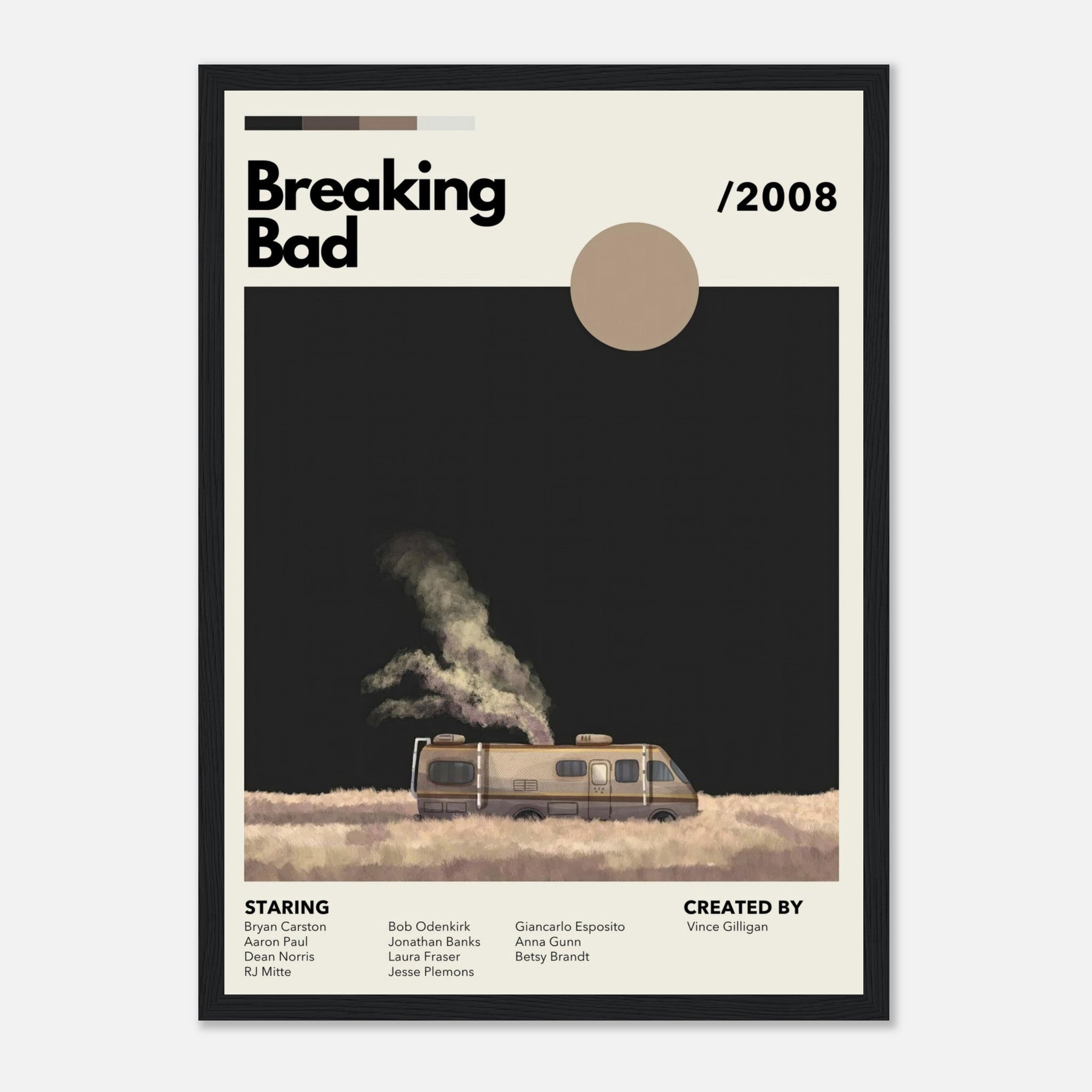 Framed print of a vintage RV from Breaking Bad, showcasing desert scenery and minimalist design elements.