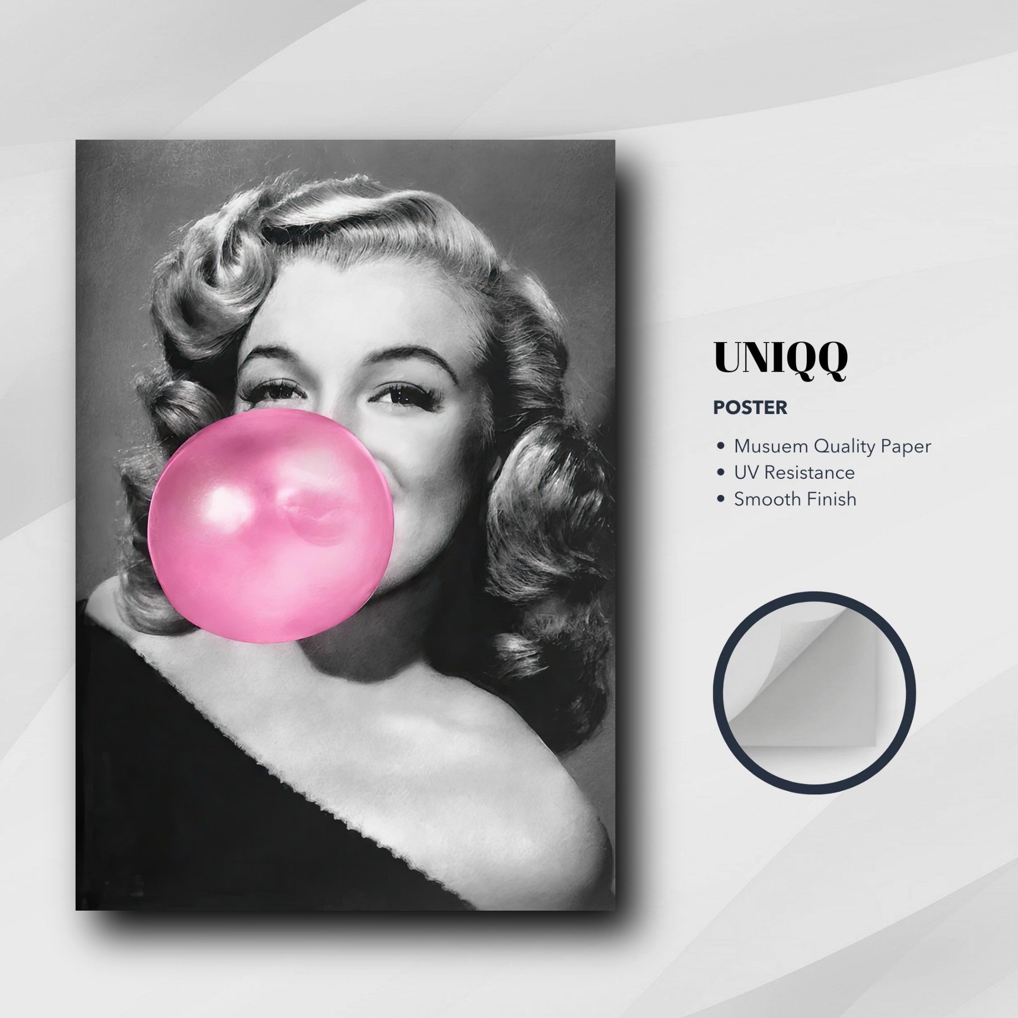 Marilyn Monroe Bubble Gum poster featuring a classic image of the actress with a pink bubble gum bubble.