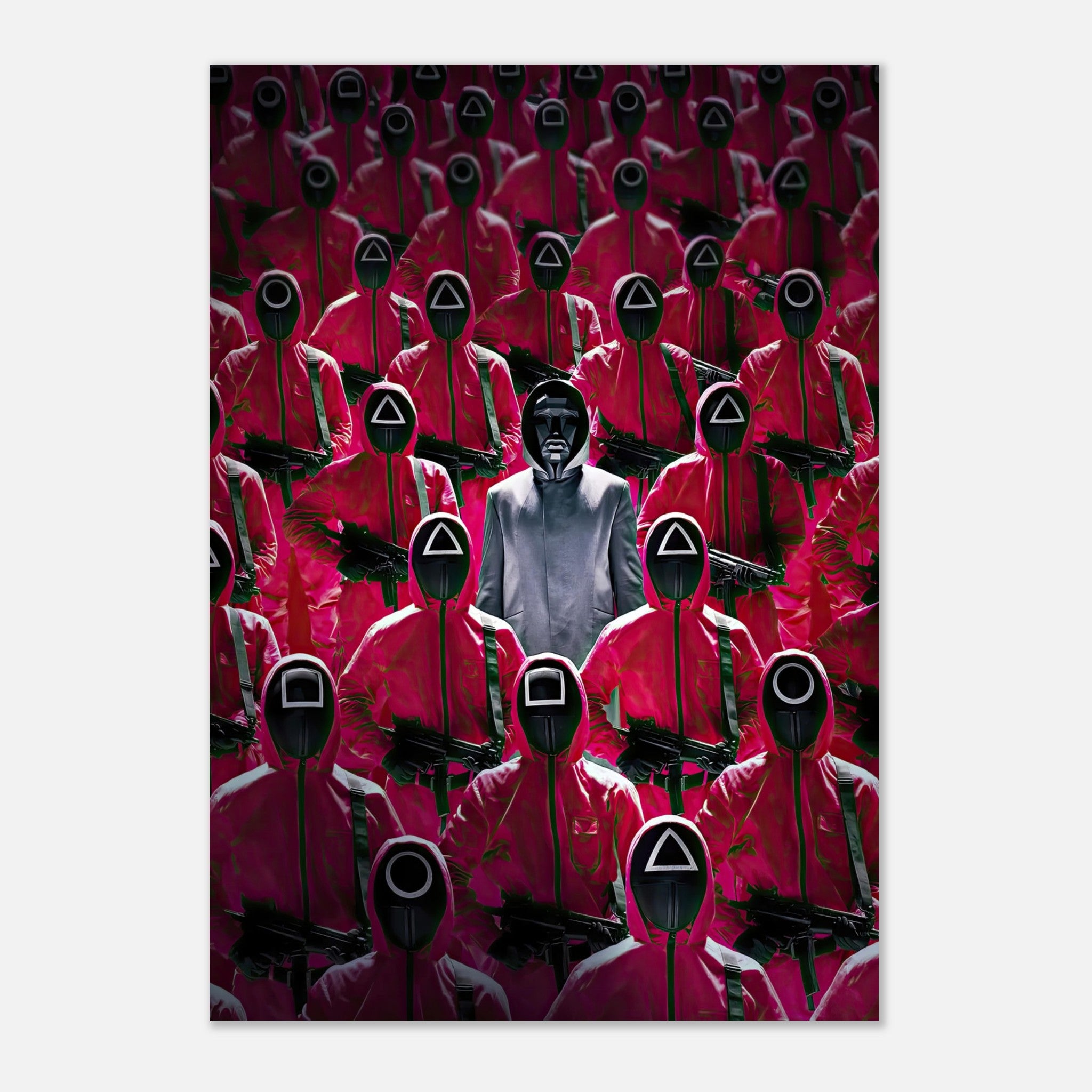 Squid Game Guards metal print featuring iconic pink guards and their leader in intense detail. Perfect for fans.