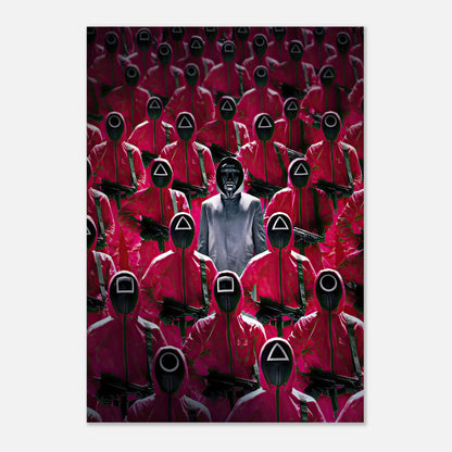 Squid Game Guards metal print featuring iconic pink guards and their leader in intense detail. Perfect for fans.