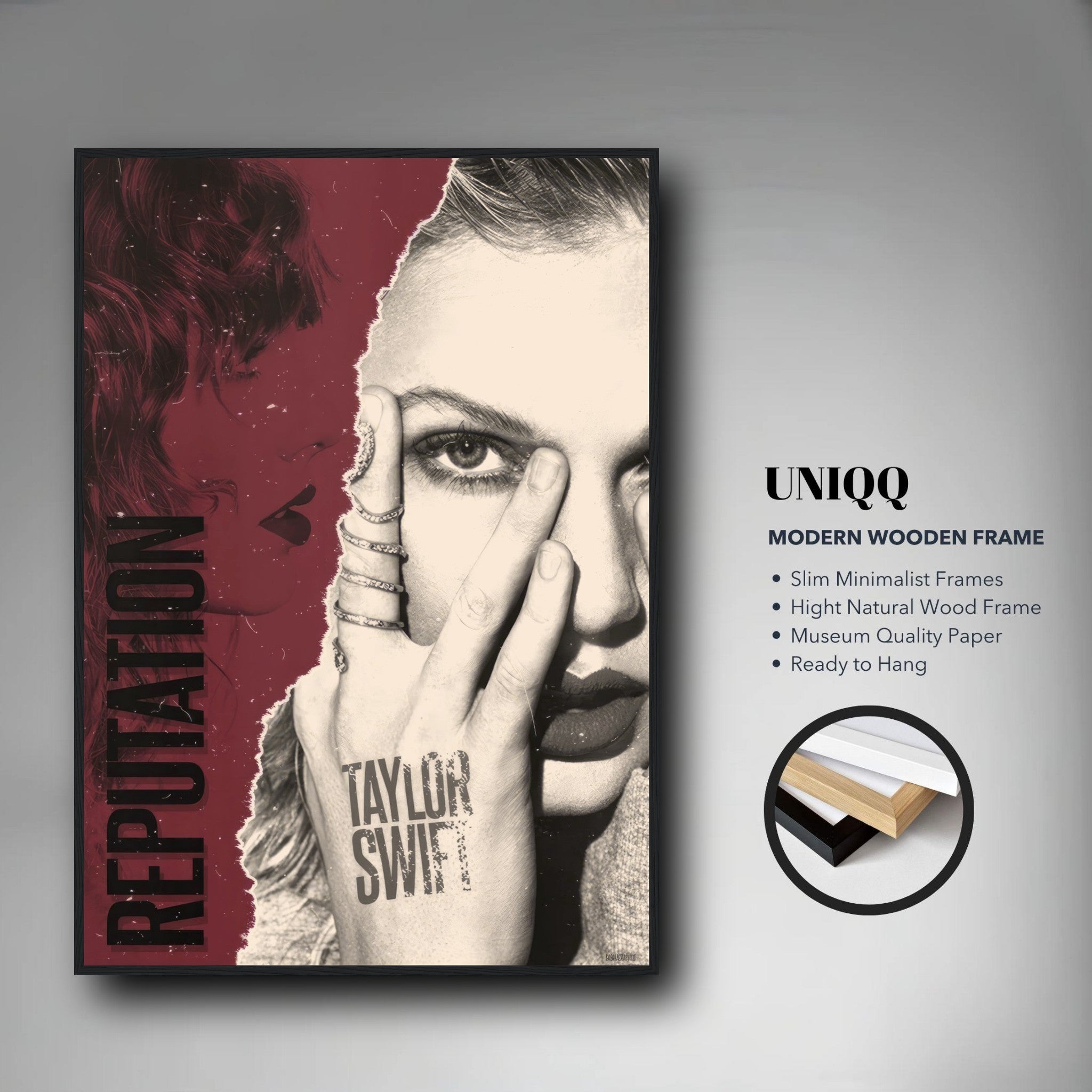 Taylor Swift Reputation framed print showcasing bold design and high-quality imagery, perfect for home decor.